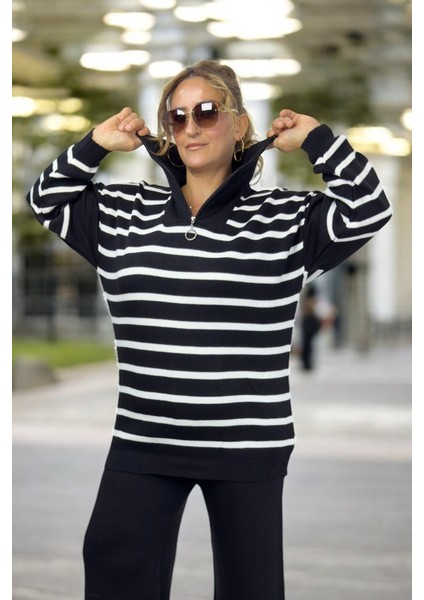 Önden Yarım Fermuarlı Çizgili Desenli % 100 Akrilik Kumaş Büyük Beden Alt Üst Takım modelleri