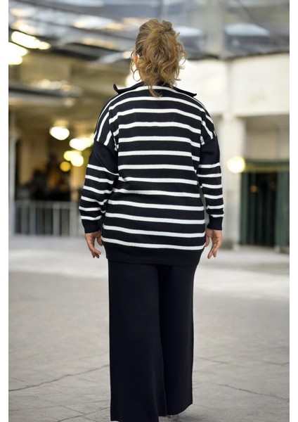 Önden Yarım Fermuarlı Çizgili Desenli % 100 Akrilik Kumaş Büyük Beden Alt Üst Takım fırsatları