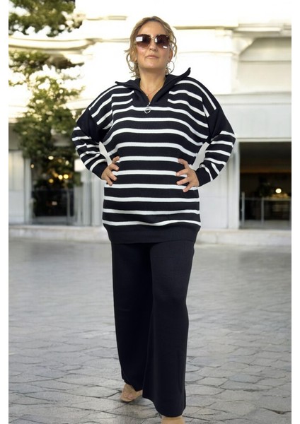 Önden Yarım Fermuarlı Çizgili Desenli % 100 Akrilik Kumaş Büyük Beden Alt Üst Takım indirimleri