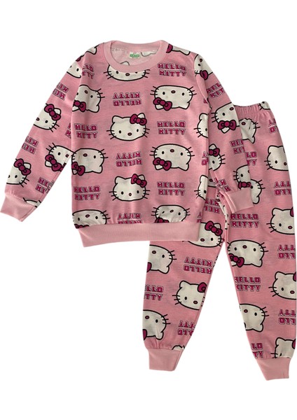 Kız Çocuk Pamuklu Pembe Hello Kitty Desen Pijama Takımı