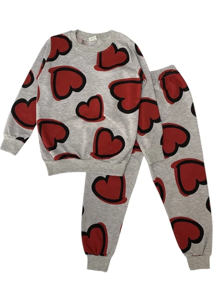 Şeker Kids Kız Çocuk Pamuklu Gri Kalp Desen Pijama Takımı