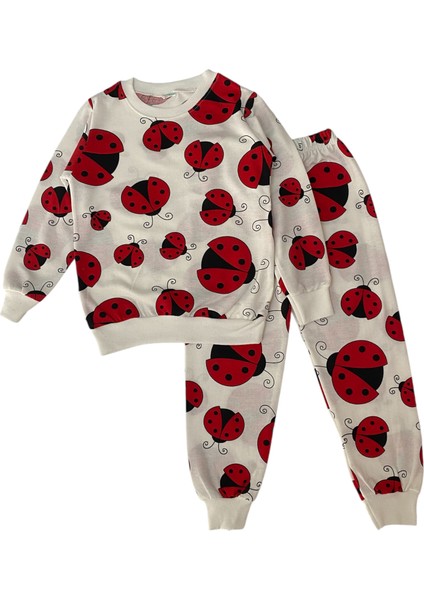 Kız Çocuk Pamuklu Beyaz Uğur Böceği Desen Pijama Takımı