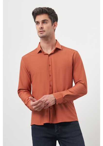 Erkek Kiremit Trend Slim Fit Italyan Yaka Gömlek