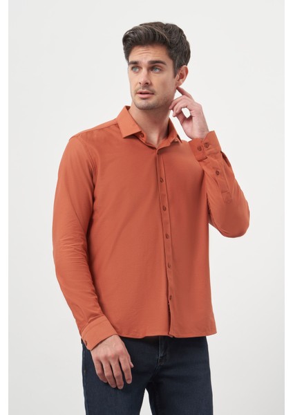 Erkek Kiremit Trend Slim Fit Italyan Yaka Gömlek