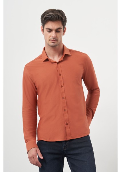 Erkek Kiremit Trend Slim Fit Italyan Yaka Gömlek
