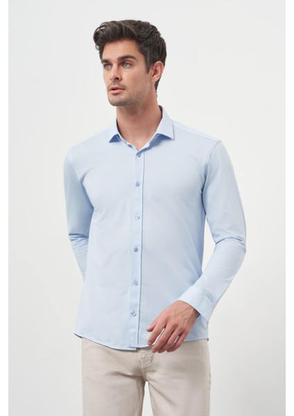 Erkek A. Mavi Trend Slim Fit Italyan Yaka Gömlek