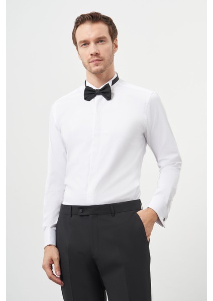 Erkek Beyaz Manşetli Slim Fit Ata Yaka Gömlek