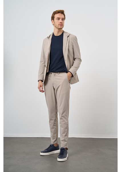 Erkek Bej Polyamide Torba Cep Kapüşonlu Slim Fit Mono Yaka Spor Takım Elbise