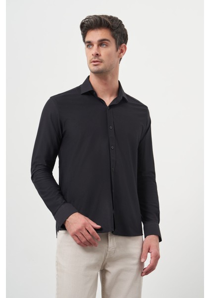 Erkek Siyah Trend Slim Fit Italyan Yaka Gömlek