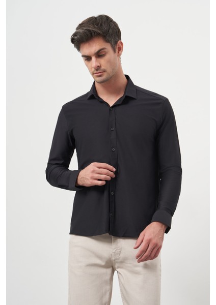 Erkek Siyah Trend Slim Fit Italyan Yaka Gömlek modelleri