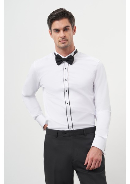 Erkek Siyah Biyeli Slim Fit Ata Yaka Gömlek
