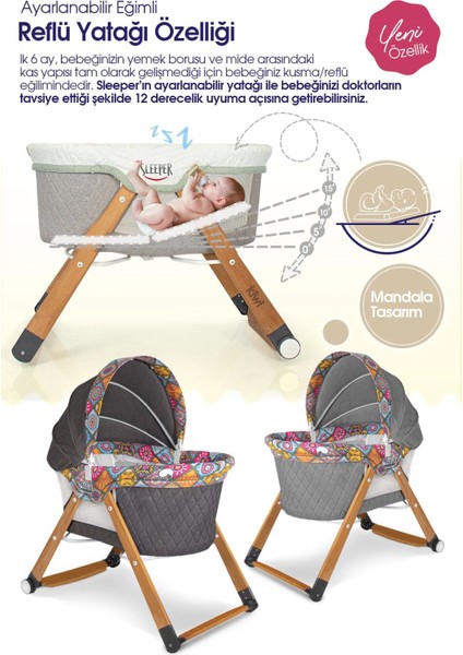 Sleeper Anne Yanı Beşik, Portatif, Sallanır, Katlanır, Tekerlekli, Ahşap Bebek Beşiği - Antik Bohem Desenli - Antrasit
