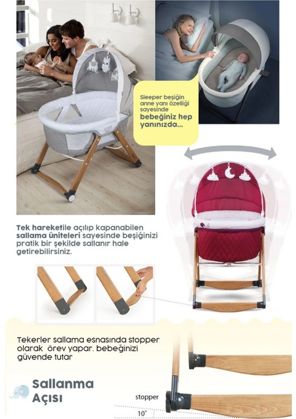 Sleeper Anne Yanı Beşik, Portatif, Sallanır, Katlanır, Tekerlekli, Ahşap Bebek Beşiği - Antik Bohem Desenli - Antrasit