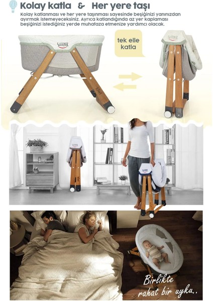 Sleeper Anne Yanı Beşik, Portatif, Sallanır, Katlanır, Tekerlekli, Ahşap Bebek Beşiği - Antik Bohem Desenli - Antrasit