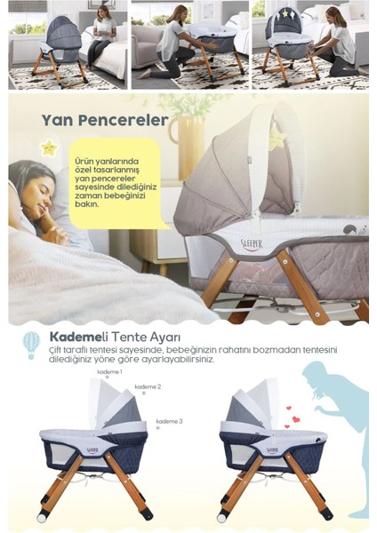 Sleeper Anne Yanı Beşik, Portatif, Sallanır, Katlanır, Tekerlekli, Ahşap Bebek Beşiği - Antik Bohem Desenli - Antrasit