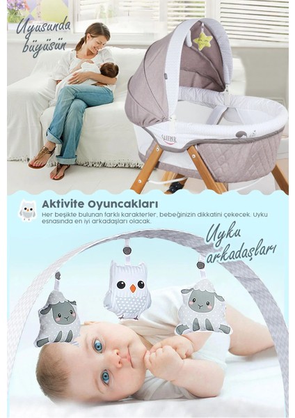 Sleeper Anne Yanı Beşik, Portatif, Sallanır, Katlanır, Tekerlekli, Ahşap Bebek Beşiği - Antik Bohem Desenli - Antrasit