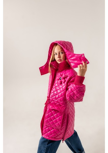 Kız Çocuk Çiçekli Ön Cepli Parlak Mont modelleri