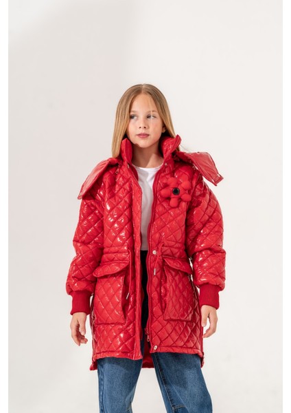 Kız Çocuk Çiçekli Ön Cepli Parlak Mont