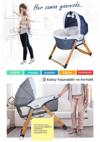 Sleeper Anne Yanı Beşik, Portatif, Sallanır, Katlanır, Tekerlekli, Ahşap Bebek Beşiği - Antik Bohem Desenli - Antrasit