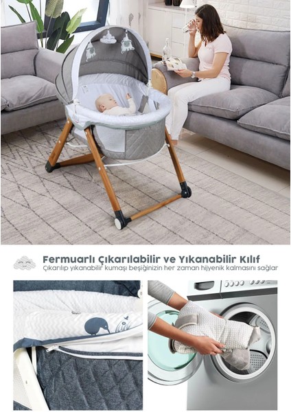 Sleeper Anne Yanı Beşik, Portatif, Sallanır, Katlanır, Tekerlekli, Ahşap Bebek Beşiği - Antik Bohem Desenli - Antrasit