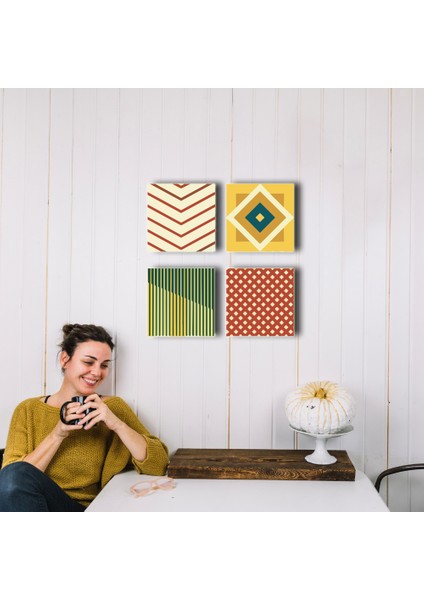 Modern 4'lü Ahşap Tablo, Abstract Desenli Tablo, Ev Dekoru 25X25CM, 30X30CM