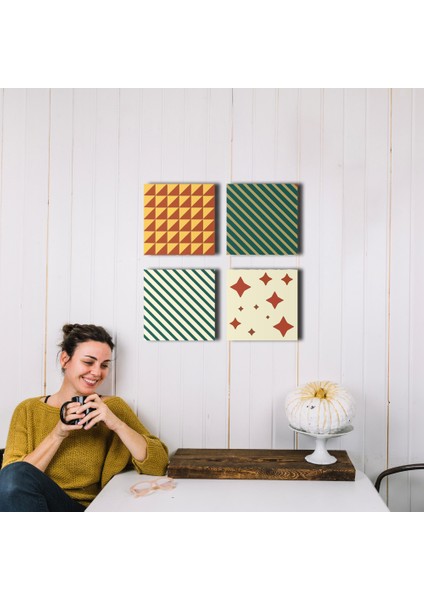 Modern 4'lü Ahşap Tablo, Abstract Desenli Tablo, Ev Dekoru 25X25CM, 30X30CM