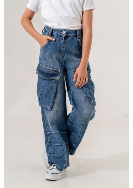 Kız Çocuk Cep Detaylı Pileli Kot Pantolon