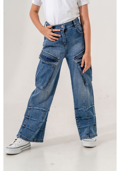 Kız Çocuk Cep Detaylı Pileli Kot Pantolon fiyatları