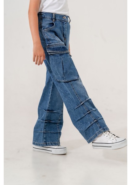 Kız Çocuk Cep Detaylı Pileli Kot Pantolon modelleri