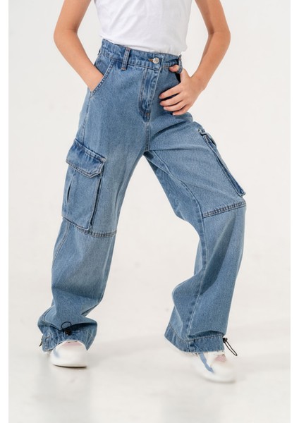 Kız Çocuk Paçası Büzgülü Kargo Cepli Kot Pantolon