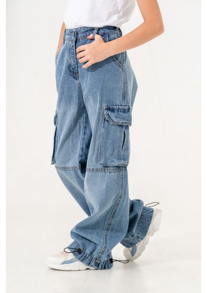 Kız Çocuk Paçası Büzgülü Kargo Cepli Kot Pantolon fiyatları