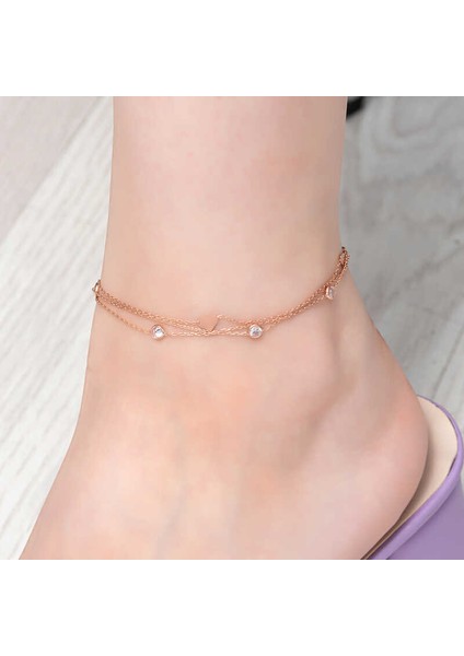 Gümüş Rose Çift Zincirli Kalp Zirkon Taşlı Halhal