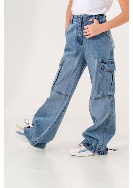 Kız Çocuk Paçası Büzgülü Kargo Cepli Kot Pantolon modelleri