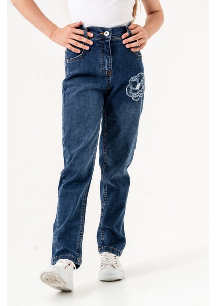 Kız Çocuk Çiçek Nakışlı Kot Pantolon