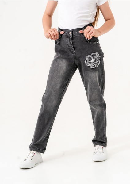 Kız Çocuk Çiçek Nakışlı Kot Pantolon
