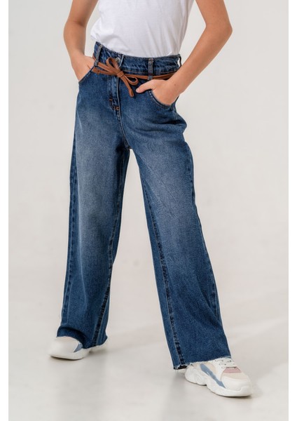 Kız Çocuk Deri Kemerli Kot Pantolon