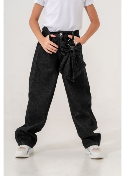 Kız Çocuk Rahat Kesim Çıkarılabilir Fiyonklu Kot Pantolon