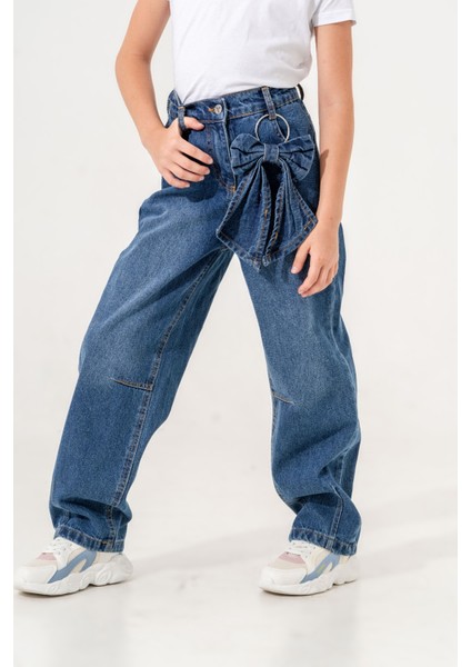 Kız Çocuk Rahat Kesim Çıkarılabilir Fiyonklu Kot Pantolon