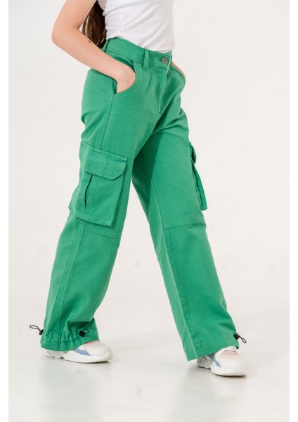 Kız Çocuk Paçası Lastikli Kargo Cepli Keten Pantolon