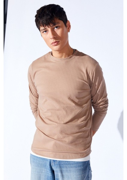 Vizon Bisiklet Yaka Jakarlı Dokulu Kumaş Slim Fit Basic Uzun Kol Erkek Tshirt | EE1000229956