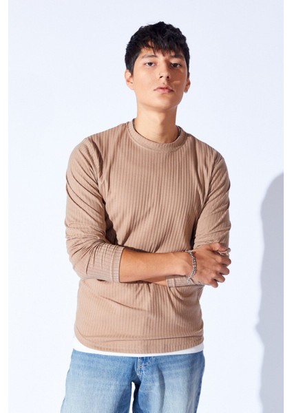 Vizon Bisiklet Yaka Jakarlı Dokulu Kumaş Slim Fit Basic Uzun Kol Erkek Tshirt | EE1000229956 fiyatları