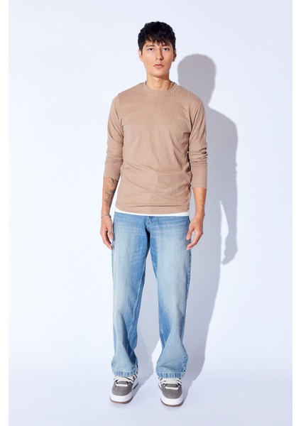 Vizon Bisiklet Yaka Jakarlı Dokulu Kumaş Slim Fit Basic Uzun Kol Erkek Tshirt | EE1000229956 modelleri