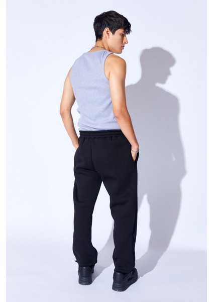 Siyah Baggy Kalıp 3 Iplik Soft Dokulu Şardonlu Paçası Lastikli Erkek Eşofman Jogger | EE1000619961