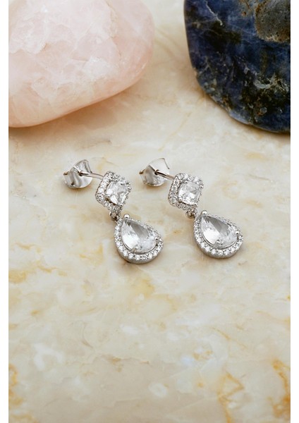 Zirkon Taşlı Damla Rodyumlu Gümüş Küpe 7110