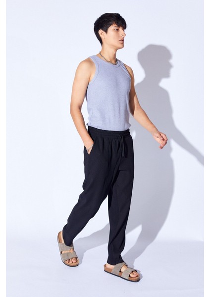 Siyah Beli Lastikli Baggy Kalıp Rahat Kesim Örme Dokulu Pantalon Jogger | EE1000619928