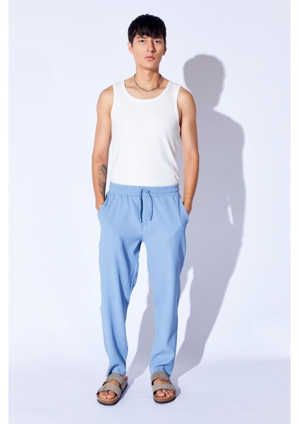 Man Edition Mavi Beli Lastikli Baggy Kalıp Rahat Kesim Örme Dokulu Pantalon Jogger | EE1000619928