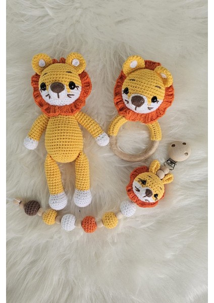 Amigurumi Aslan,çıngırak, Emzik Zinciri 3^lü Set Örgü Oyuncak