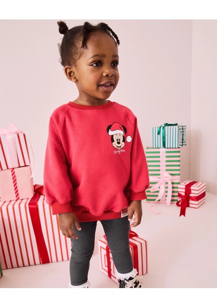 Yeni Sezon Kız Çocuk Minnie Mouse Baskılı Pamuklu 3 Iplik Şardonsuz Fitilli Yılbaşı Temalı Taytlı Alt-Üst Takım