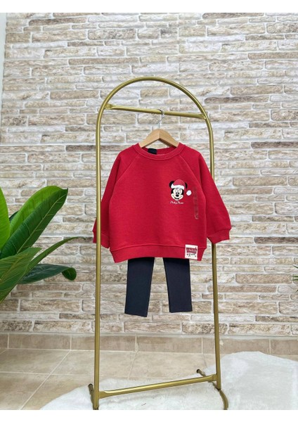 Yeni Sezon Kız Çocuk Minnie Mouse Baskılı Pamuklu 3 Iplik Şardonsuz Fitilli Yılbaşı Temalı Taytlı Alt-Üst Takım modelleri