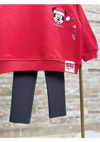 Yeni Sezon Kız Çocuk Minnie Mouse Baskılı Pamuklu 3 Iplik Şardonsuz Fitilli Yılbaşı Temalı Taytlı Alt-Üst Takım indirimleri